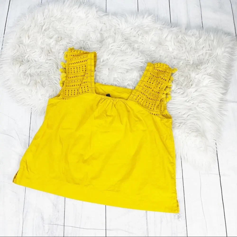 🆕 J. Crew Women's Yellow Eyelet Tassel Trim Sleeveless Tank Top Size 14‎